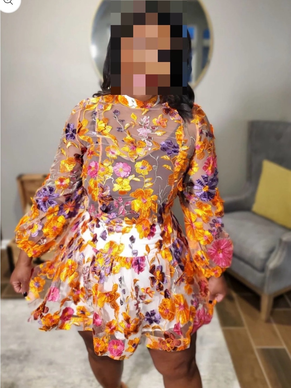 Floral Embroidered Long-Sleeve Kids Dress - Orange & Purple